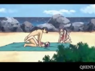 Hentai gà con cưỡi ngựa manhood trong có ba người tại các bãi biển